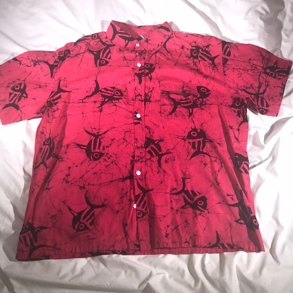 Island Life Red and Black Piranha Print Short Sleeve Button Down Shirt
